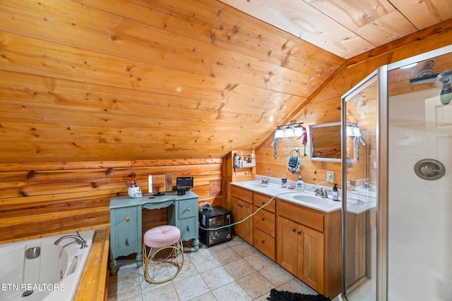 bathroom featuring vanity, vaulted ceiling, wood walls, wooden ceiling, and independent shower and bath