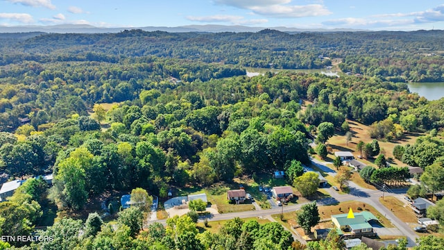 drone / aerial view featuring a water and mountain view