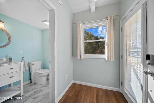 bathroom with hardwood / wood-style flooring, vanity, and toilet