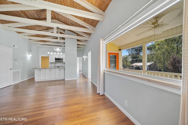 unfurnished living room with wood ceiling, ceiling fan, light hardwood / wood-style floors, and lofted ceiling with beams