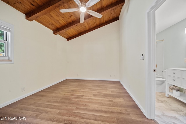 spare room with lofted ceiling with beams, wooden ceiling, ceiling fan, and light hardwood / wood-style flooring