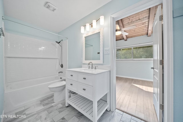 full bathroom featuring toilet, bathing tub / shower combination, wood ceiling, vanity, and ceiling fan