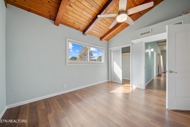 empty room featuring lofted ceiling with beams, wooden ceiling, light hardwood / wood-style floors, and ceiling fan