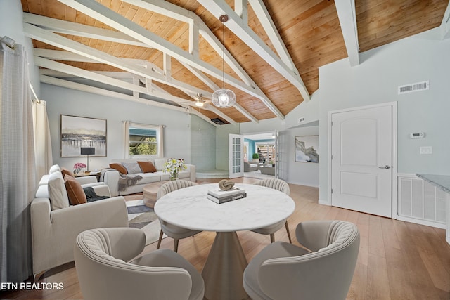 dining area featuring beamed ceiling, wood ceiling, and light hardwood / wood-style floors