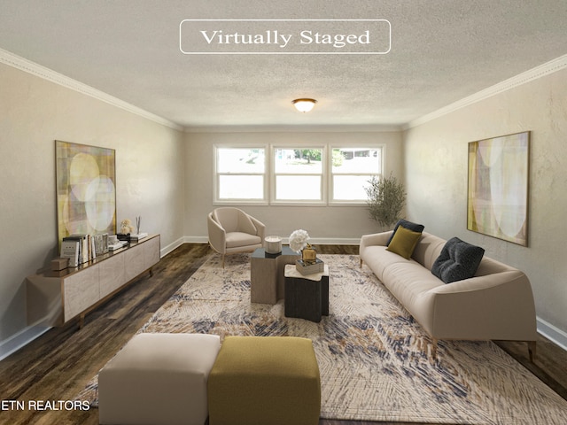 living room with a textured ceiling, crown molding, and dark hardwood / wood-style flooring