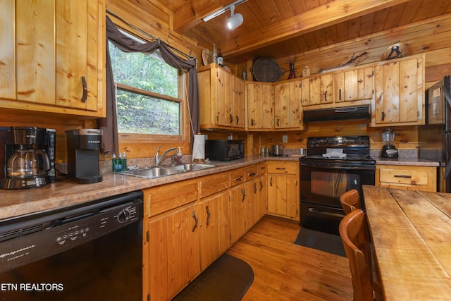 kitchen featuring beam ceiling, sink, wooden ceiling, light hardwood / wood-style floors, and black appliances