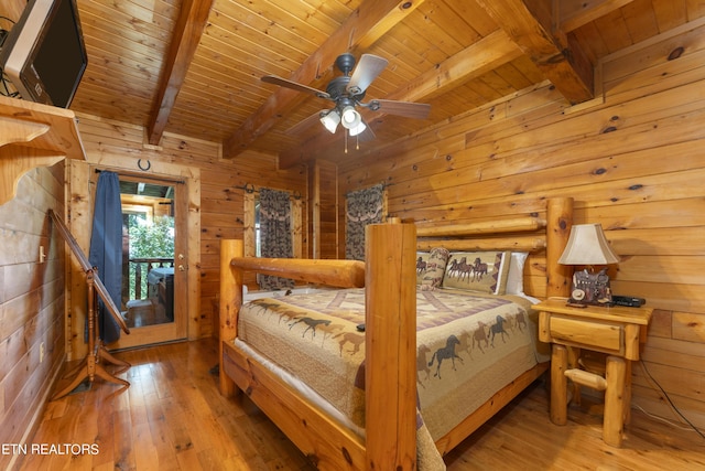 bedroom with hardwood / wood-style floors, beam ceiling, ceiling fan, and wood ceiling