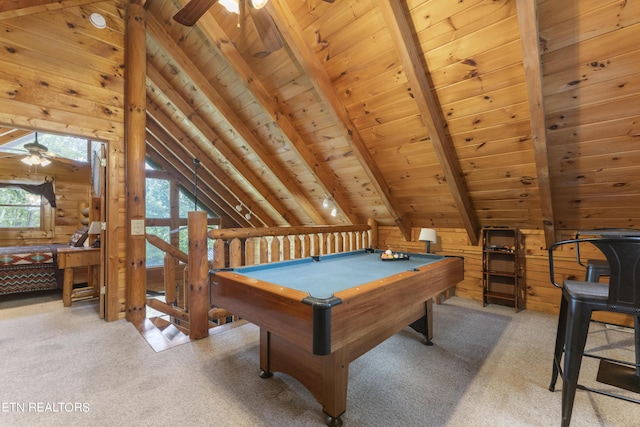 recreation room featuring vaulted ceiling with beams, ceiling fan, wooden ceiling, and billiards