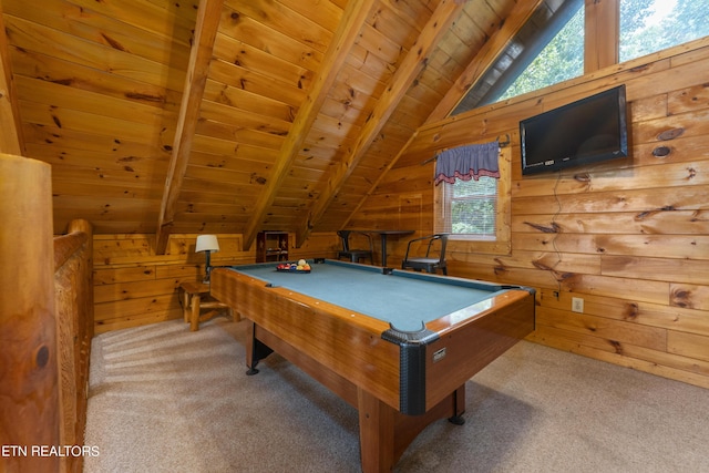 rec room featuring vaulted ceiling with beams, wood walls, wooden ceiling, and pool table