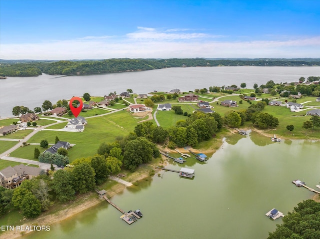 drone / aerial view featuring a water view