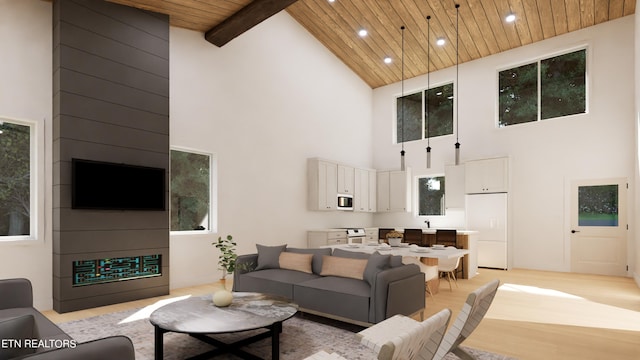 living room featuring high vaulted ceiling, wood ceiling, beam ceiling, and light hardwood / wood-style flooring