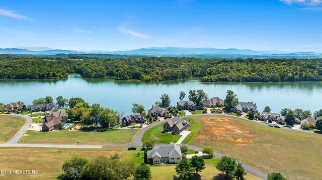 drone / aerial view with a water and mountain view