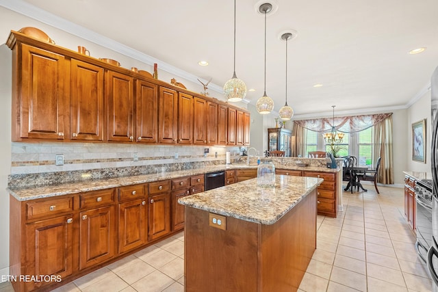 155 Killdeer Dr, Vonore, TN 37885 - kitchen featuring dishwashing machine, a peninsula, brown cabinetry, and light tile patterned flooring