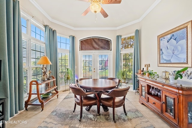 155 Killdeer Dr, Vonore, TN 37885 - dining space with french doors, light tile patterned floors, ornamental molding, and ceiling fan