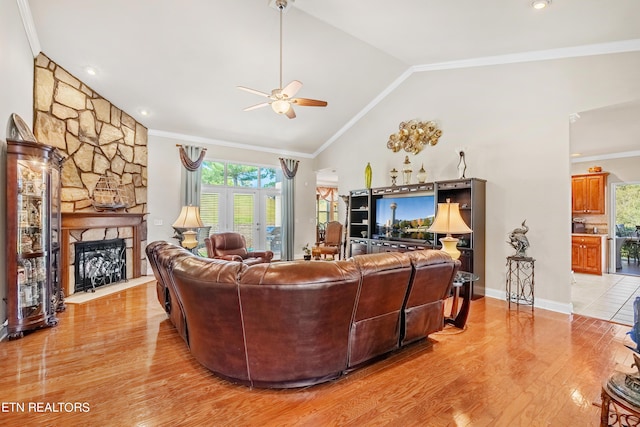 155 Killdeer Dr, Vonore, TN 37885 - living area featuring vaulted ceiling, light wood-style flooring, ceiling fan, and ornamental molding