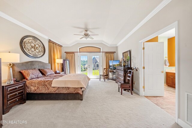 bedroom featuring ensuite bathroom, light carpet, access to exterior, ceiling fan, and ornamental molding