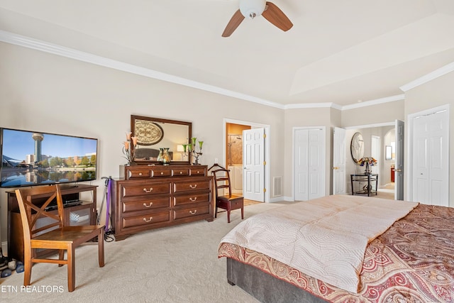 155 Killdeer Dr, Vonore, TN 37885 - bedroom with ensuite bathroom, visible vents, crown molding, light carpet, and a tray ceiling