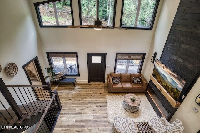 living room with light hardwood / wood-style flooring, ceiling fan, and a high ceiling