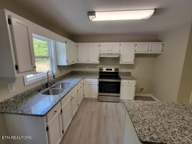 kitchen featuring stainless steel range with electric cooktop, light stone counters, sink, and white cabinets