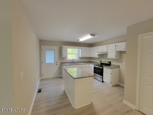 kitchen with light wood-type flooring, white cabinetry, stainless steel electric range, and a center island