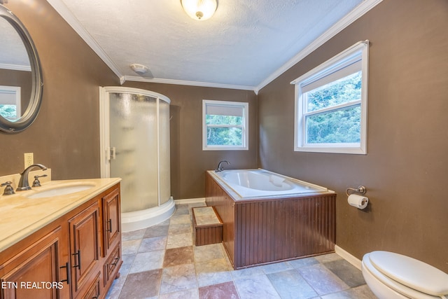 full bathroom with crown molding, vanity, toilet, and plus walk in shower