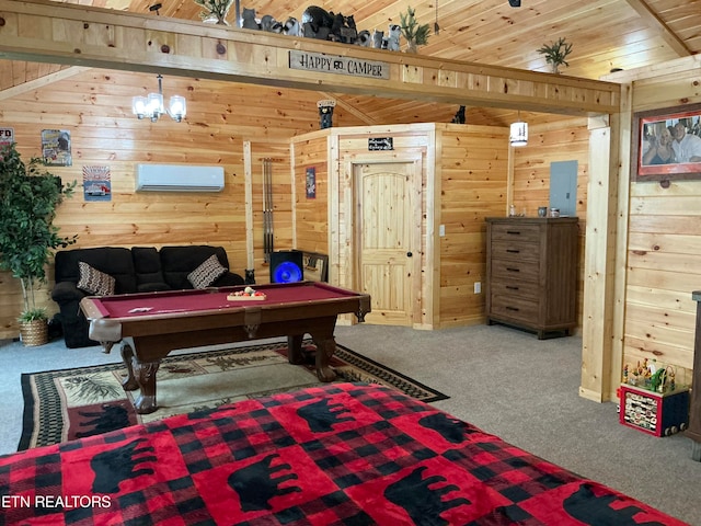 playroom with wooden walls, wood ceiling, an AC wall unit, billiards, and carpet floors