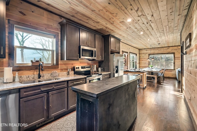 kitchen with wood ceiling, wood walls, a center island, sink, and appliances with stainless steel finishes