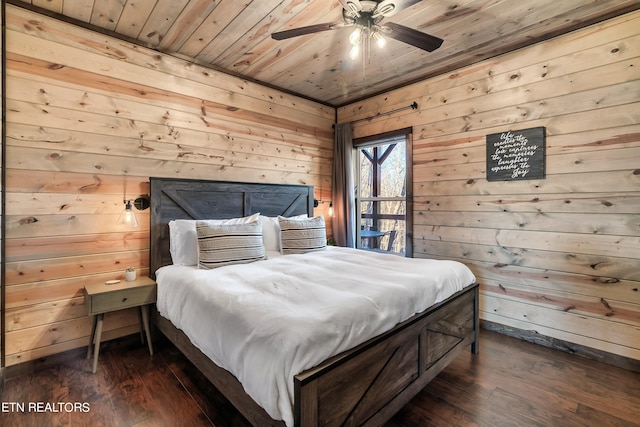 bedroom featuring wood ceiling, wood walls, dark hardwood / wood-style floors, and ceiling fan