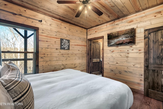 bedroom with wood-type flooring, wood ceiling, wooden walls, and ceiling fan