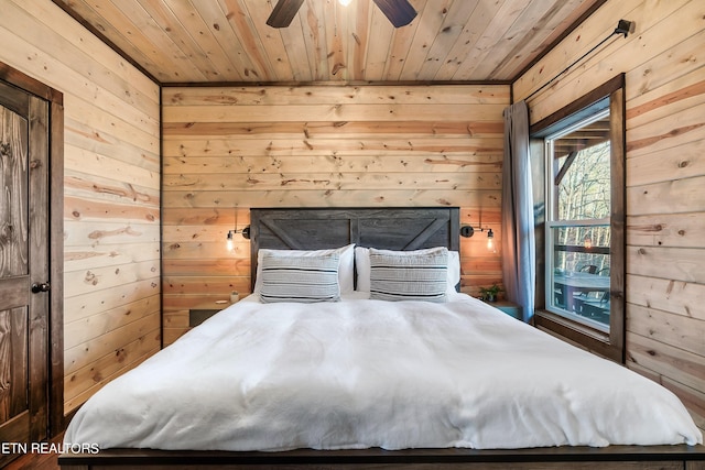 unfurnished bedroom featuring ceiling fan, wood walls, and wooden ceiling