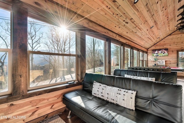 interior space with wooden ceiling and vaulted ceiling