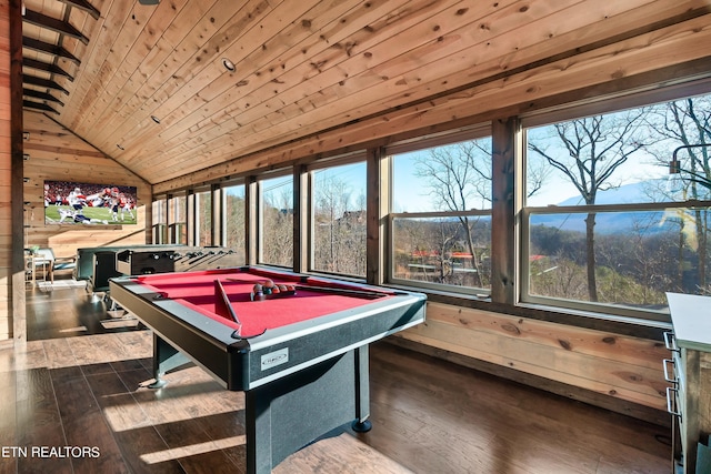 recreation room with billiards, wooden walls, wood ceiling, dark hardwood / wood-style floors, and vaulted ceiling