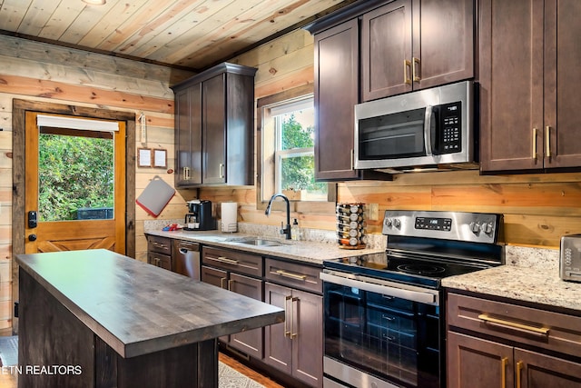 kitchen featuring wooden walls, stainless steel appliances, a center island, sink, and wooden ceiling