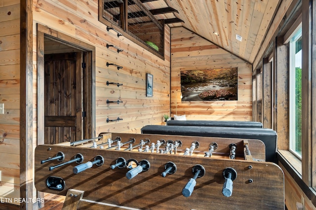 exercise area with lofted ceiling, a wealth of natural light, wooden walls, and wooden ceiling