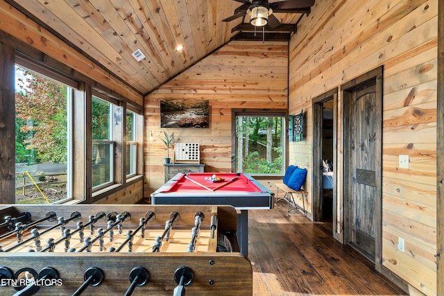 game room with billiards, wooden walls, wooden ceiling, dark hardwood / wood-style floors, and ceiling fan