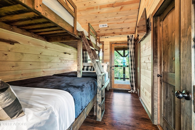 unfurnished bedroom with wooden walls, dark hardwood / wood-style flooring, access to outside, and wooden ceiling