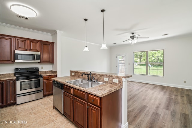 kitchen with appliances with stainless steel finishes, light hardwood / wood-style floors, hanging light fixtures, sink, and ceiling fan