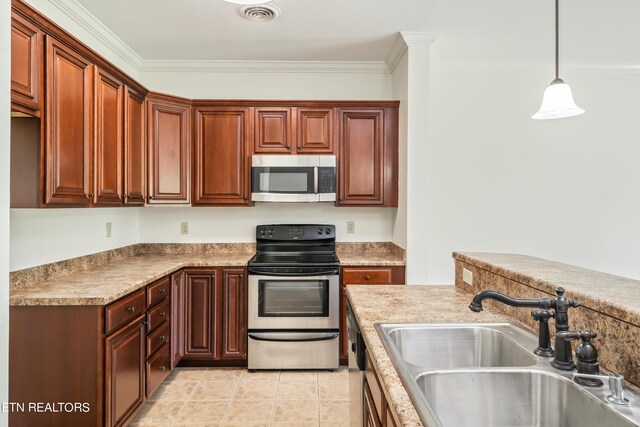 kitchen featuring decorative light fixtures, light tile patterned floors, crown molding, stainless steel appliances, and sink