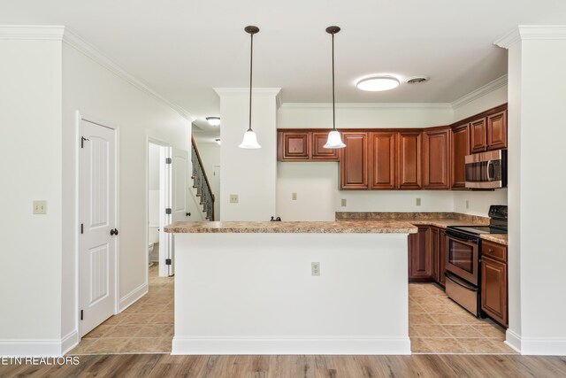 kitchen featuring ornamental molding, black range with electric cooktop, light hardwood / wood-style flooring, a kitchen island, and light stone countertops