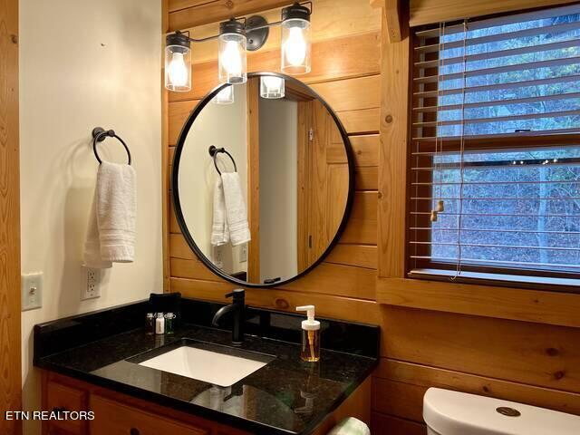 bathroom with wooden walls, a wealth of natural light, vanity, and toilet