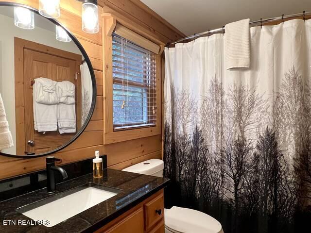 bathroom featuring vanity, toilet, and a shower with shower curtain