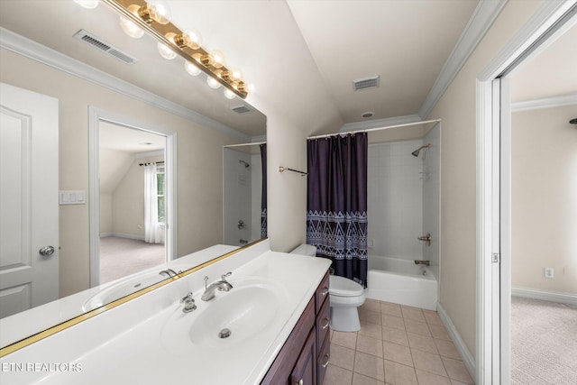 full bathroom featuring shower / bath combination with curtain, vanity, toilet, tile patterned floors, and vaulted ceiling