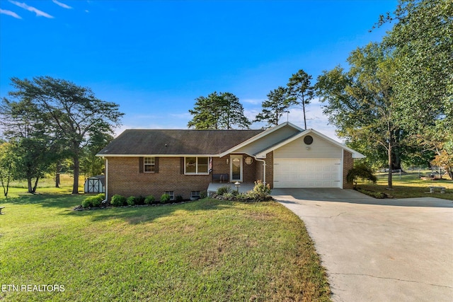 ranch-style home featuring a shed, a front yard, and a garage