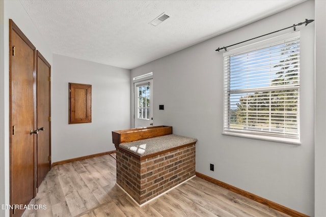 interior space with light wood-type flooring, multiple windows, and a textured ceiling