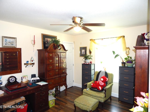 office space featuring ceiling fan and dark hardwood / wood-style flooring