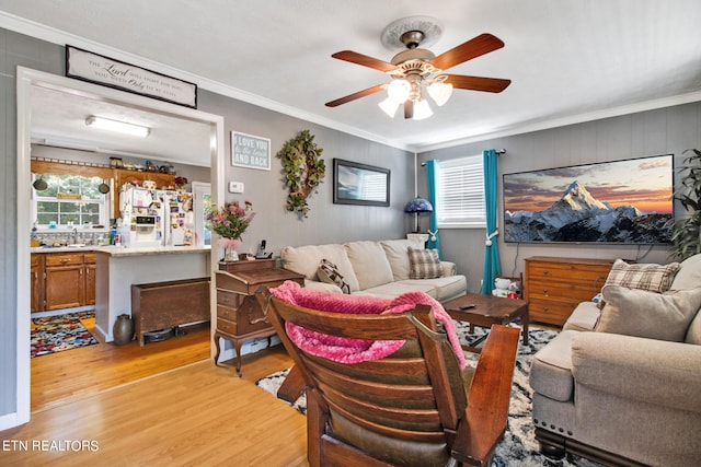 living room with ceiling fan, light hardwood / wood-style floors, and ornamental molding