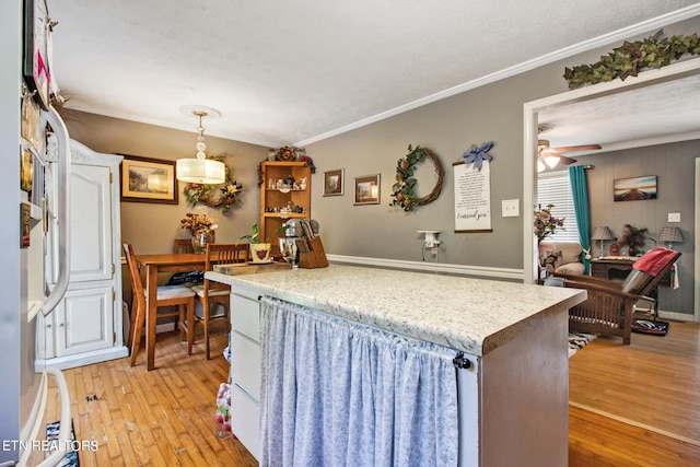 living room featuring crown molding, ceiling fan, and light wood-type flooring