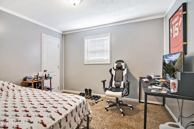 bedroom with a textured ceiling, ornamental molding, and carpet floors