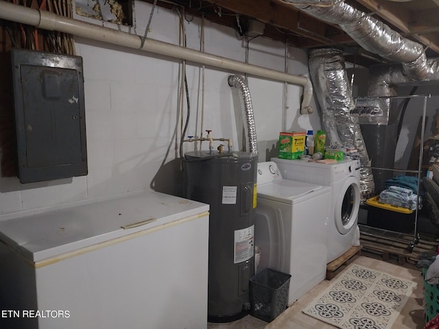 washroom with water heater, washing machine and clothes dryer, and electric panel