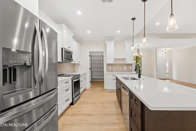 kitchen with white cabinets, a center island with sink, appliances with stainless steel finishes, and sink